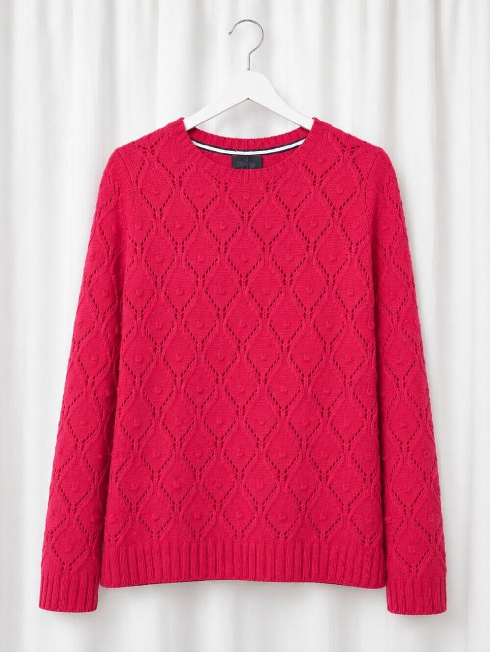 Tommy Hilfiger Deep Pink Pointelle Diamond Knit Bobble Accent Crew Neck Sweater